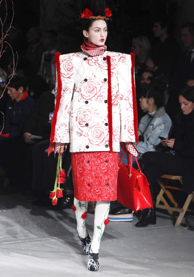 <b>New York Fashion AW13: Weird and wonderful runway looks<br><br></b>More Geisha-inspired fashion from Thom Browne, with this model showing off tights with roses growing up her legs.<b><br></b>