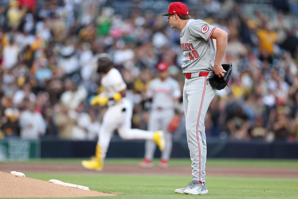 Although Elly De La Cruz got much of the attention in the Reds' 5-2 victory Monday night, Nick Lodolo was spectacular.  After giving up a leadoff home run to San Diego's Jurickson Profar (pictured), Lodolo walked two in the second inning then retired the final 18 batters he faced. His line: 7 innings, 1 hit, 2 walks and 11 strikeouts. He is now 3-0 with a 1.88 ERA in four starts, all resulting in Reds wins.