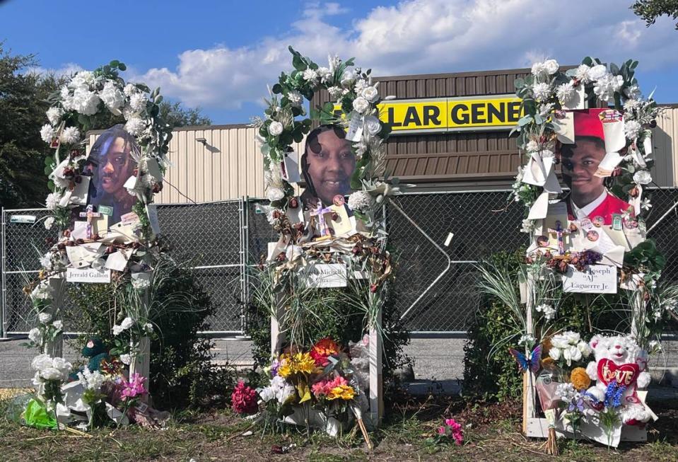 The memorial for Angela Michelle Carr, Jerrald Gallion, and Anolt Joseph Laguerre Jr. that sits in front of a Dollar General in Jacksonville, Florida on September 24, 2023. A racist gunman killed the three individuals at the Dollar General on August 26, 2023.