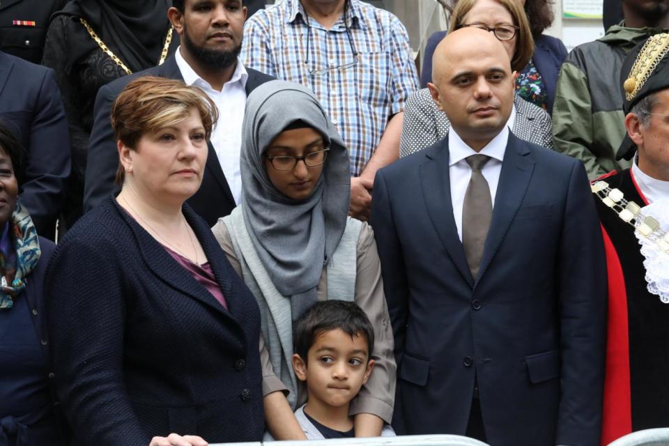 Emily Thornbury and Sajid Javid with members of the community (Alex Lentati)