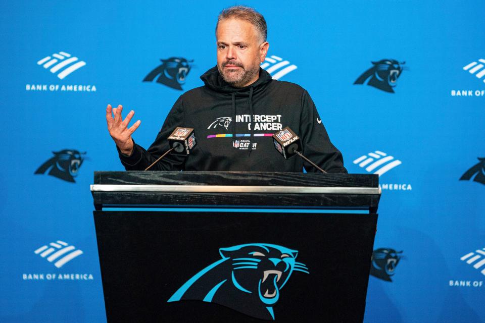 Carolina Panthers head coach Matt Rhule speaks during a news conference after their loss against the San Francisco 49ers during an NFL football game on Sunday, Oct. 9, 2022, in Charlotte, N.C. The Panthers have fired coach Matt Rhule following a 1-4 start to the season, according to a person familiar with the situation. The person spoke to The Associated Press on condition of anonymity Monday, Oct. 10, because the team has not yet announced the decision. (AP Photo/Jacob Kupferman)