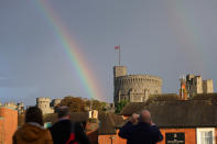 <p>WINDSOR, ENGLAND - SEPTEMBER 08: The Union flag is lowered on Windsor Castle as a rainbow covers the sky on September 08, 2022 in Windsor, England. Elizabeth Alexandra Mary Windsor was born in Bruton Street, Mayfair, London on 21 April 1926. She married Prince Philip in 1947 and acceded the throne of the United Kingdom and Commonwealth on 6 February 1952 after the death of her Father, King George VI.Queen Elizabeth II died at Balmoral Castle in Scotland on September 8, 2022, and is survived by her four children, Charles, Prince of Wales, Anne, Princess Royal, Andrew, Duke Of York and Edward, Duke of Wessex. (Photo by Chris Jackson/Getty Images)</p> 