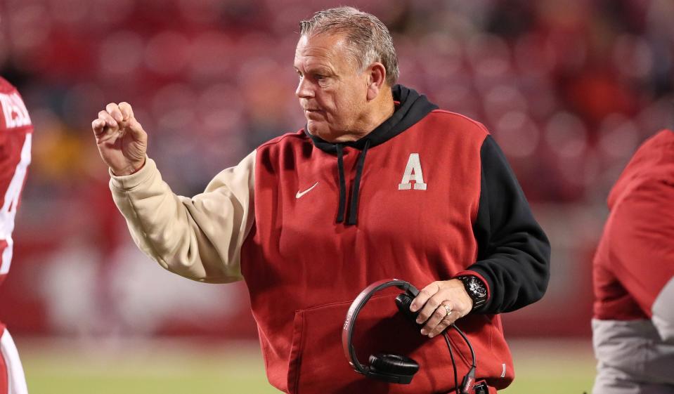 Nov 24, 2023; Fayetteville, Arkansas, USA; Arkansas Razorbacks head coach Sam Pittman during the fourth quarter against the Missouri Tigers at Donald W. Reynolds Razorback Stadium. Missouri won 48-14. Mandatory Credit: Nelson Chenault-USA TODAY Sports