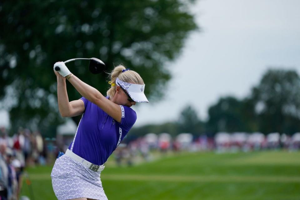 Madelene Sagstrom drives on the 11th tee during a fourball match on day one of Solheim Cup (Carlos Osorio/AP) (AP)