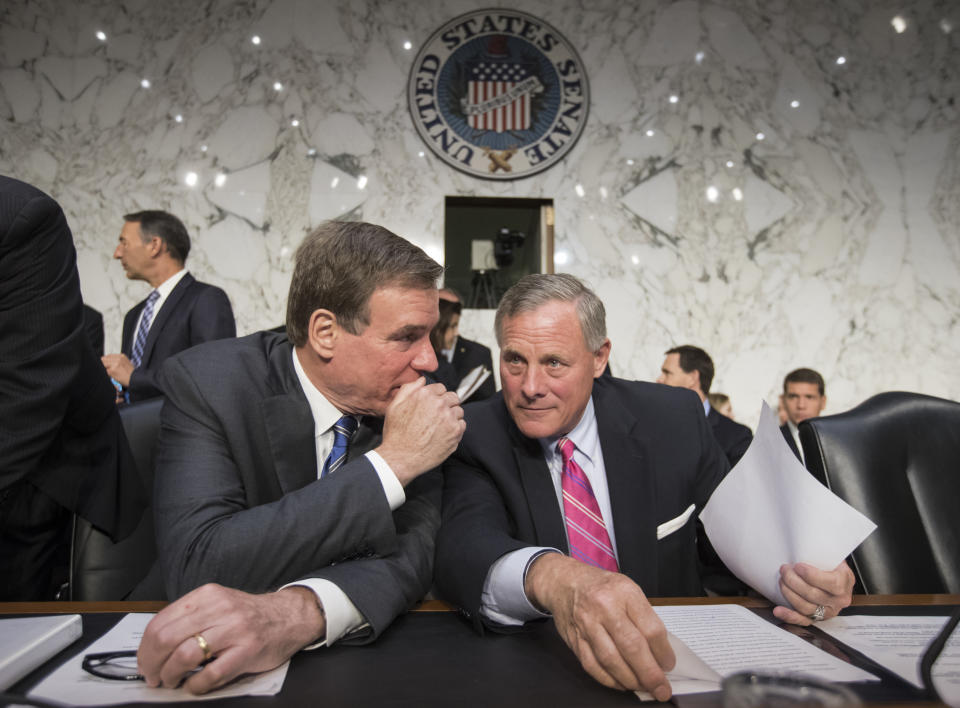 Senate Intelligence Committee Chairman Sen. Richard Burr, R-N.C., right, and committee Vice Chairman Sen, Mark Warner, D-Va., confer on Capitol Hill, June 28, 2017. (Photo: J. Scott Applewhite/AP)