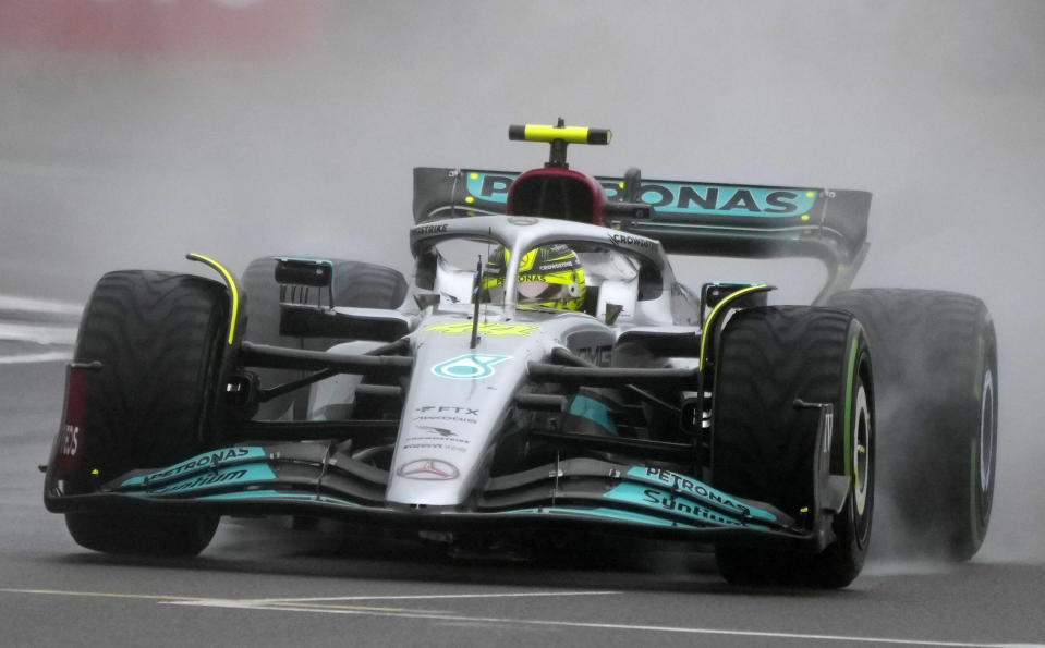 Mercedes driver Lewis Hamilton of Britain steers his car during the qualifying session for the British Formula One Grand Prix at the Silverstone circuit, in Silverstone, England, Saturday, July 2, 2022. The British F1 Grand Prix is held on Sunday July 3, 2022. (AP Photo/Frank Augstein)