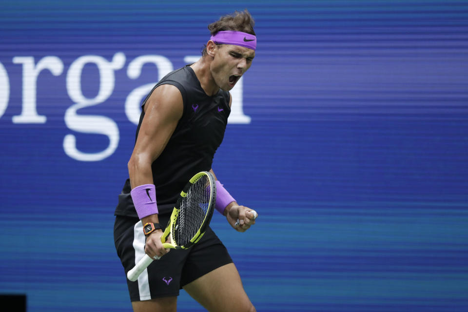 Rafael Nadal, of Spain, reacts after scoring a point against Daniil Medvedev, of Russia, during the men's singles final of the U.S. Open tennis championships Sunday, Sept. 8, 2019, in New York. (AP Photo/Adam Hunger)