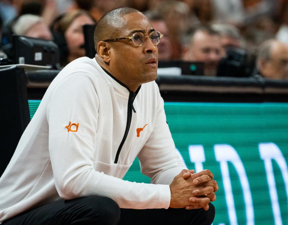 Texas Head Coach Rodney Terry watches his team during the second half of the Longhorns' game against the Jayhawks at the Moody Center in Austin, Saturday, March 4, 2023. Texas won the game 75-59.