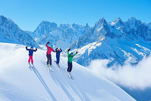 Family on ski trip, Chamonix, France