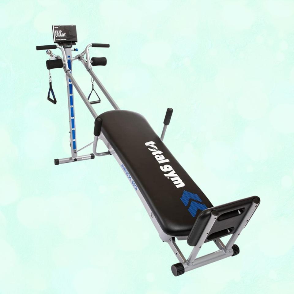 For a full-body fitness option, this system from Total Gym allows you to do Pilates, cardio, circuit training, stretching and more. It has eight resistance levels, a cable pulley system and a padded rolling glide board. It's about 93 inches long, 43.25 inches tall, and 15.5 inches wide when unfolded. Promising review: 