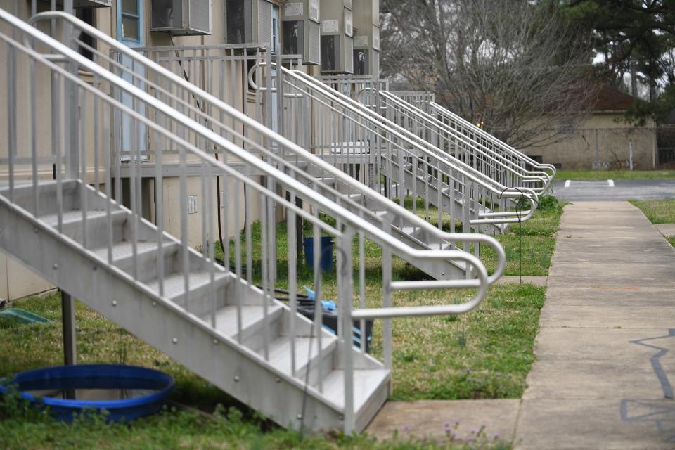 Stairs from behind classrooms photographed outside Hands Up Preschool in Jackson, Tenn. on Thursday, March 7, 2024.