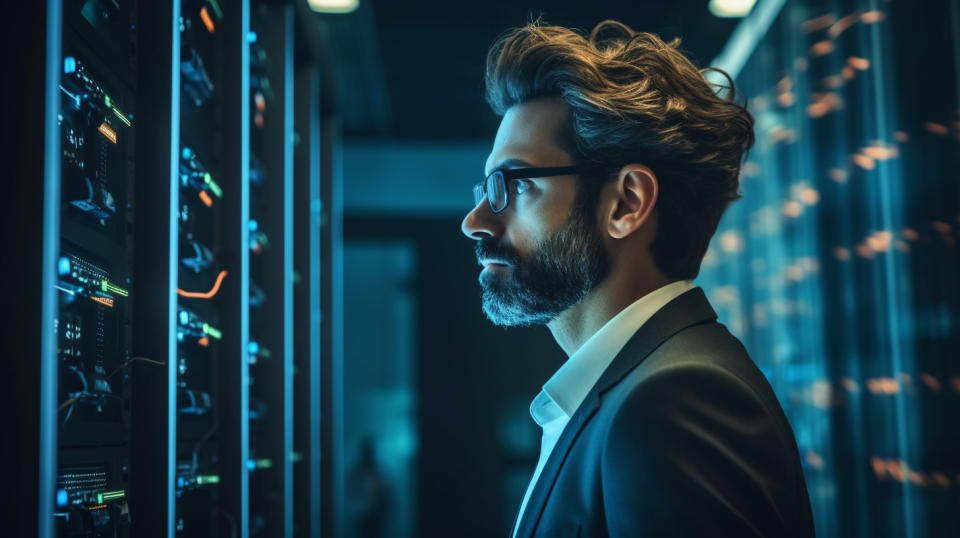 An IT security expert looking intently at a wall of servers.