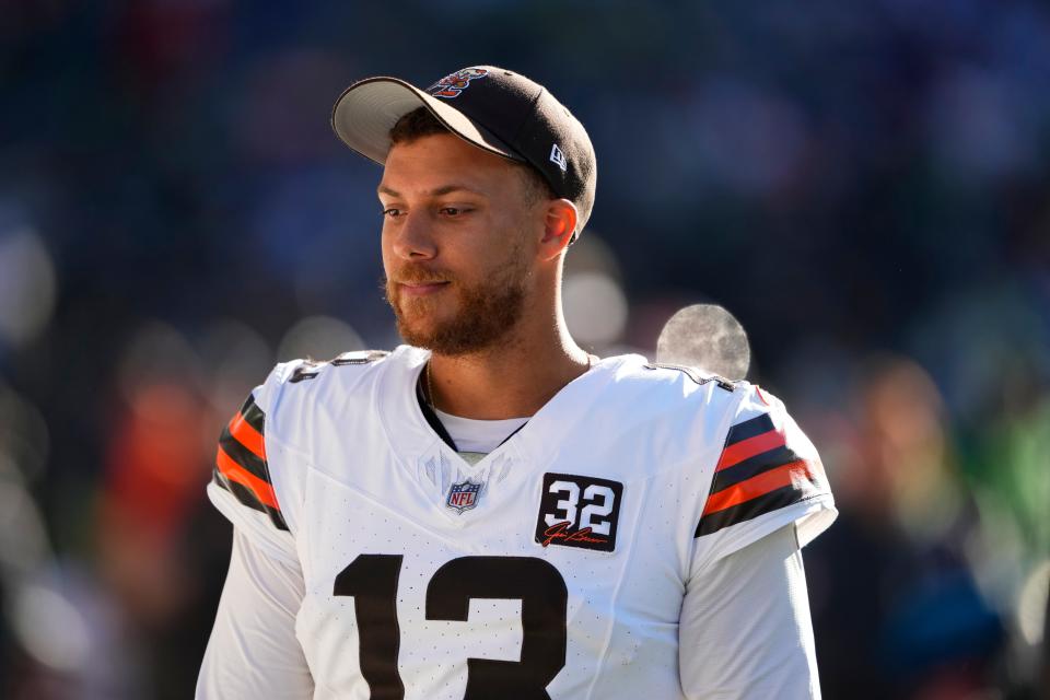 Browns punter Corey Bojorquez walks on the sideline during the second half against the Seahawks, Sunday, Oct. 29, 2023, in Seattle.