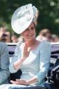 <p>The Duchess looked lovely <a href="https://www.townandcountrymag.com/society/tradition/a21240655/kate-middleton-dress-trooping-the-colour-2018/" rel="nofollow noopener" target="_blank" data-ylk="slk:in a pale blue dress by Alexander McQueen;elm:context_link;itc:0;sec:content-canvas" class="link ">in a pale blue dress by Alexander McQueen</a> while attending the Queen's Trooping the Colour parade in London. She also wore a hat by Juliette Botterill for the festive occasion. </p>