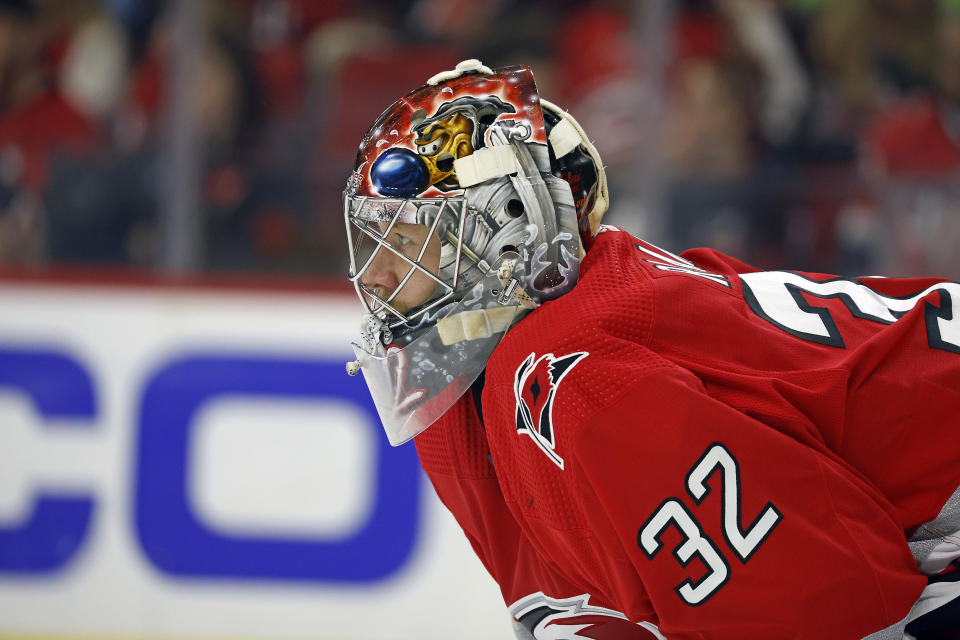 Carolina Hurricanes goaltender Antti Raanta (32) watches the puck against the Florida Panthers during the first period of Game 2 of the NHL hockey Stanley Cup Eastern Conference finals in Raleigh, N.C., Saturday, May 20, 2023. (AP Photo/Karl B DeBlaker)