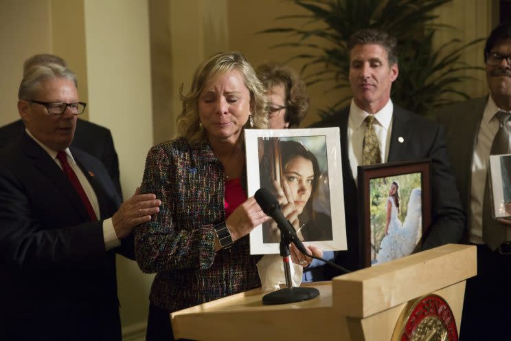 Debbie Ziegler, mother of Brittany Maynard, speaks to the media after the passage of legislation, which would allow terminally ill patients to legally end their lives, at the state Capitol, in Sacramento, Calif on September 11, 2015. (Photo: Carl Costas/AP)