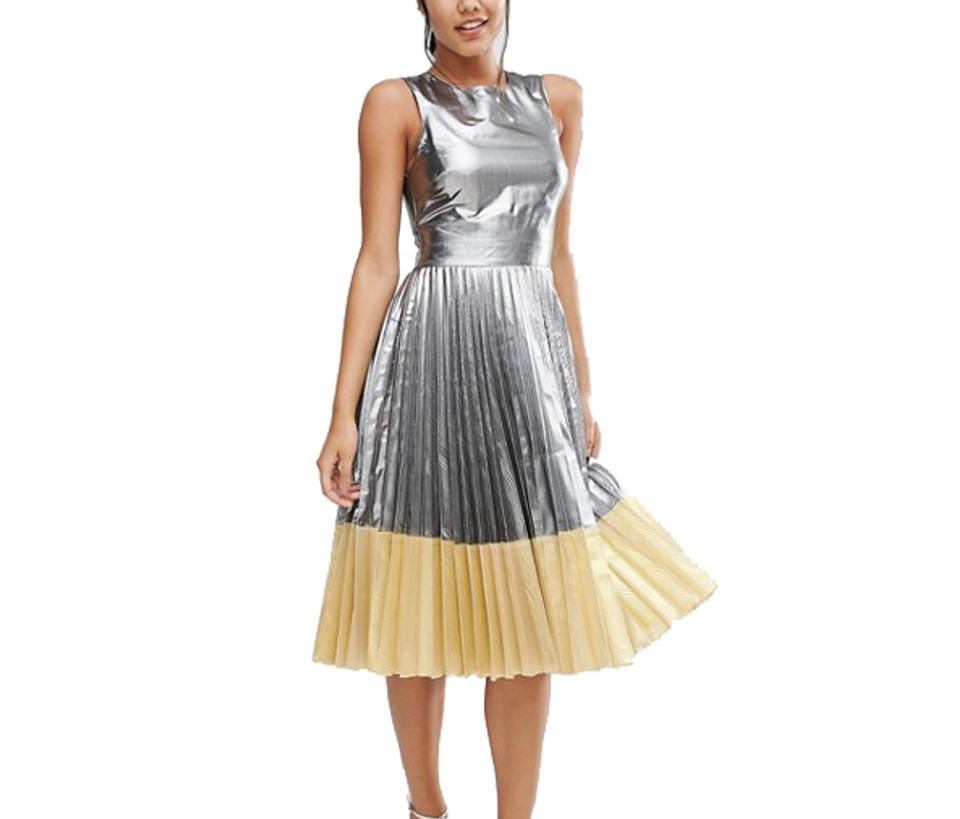ASOS Sheer and Solid Metallic Pleated Midi Dress