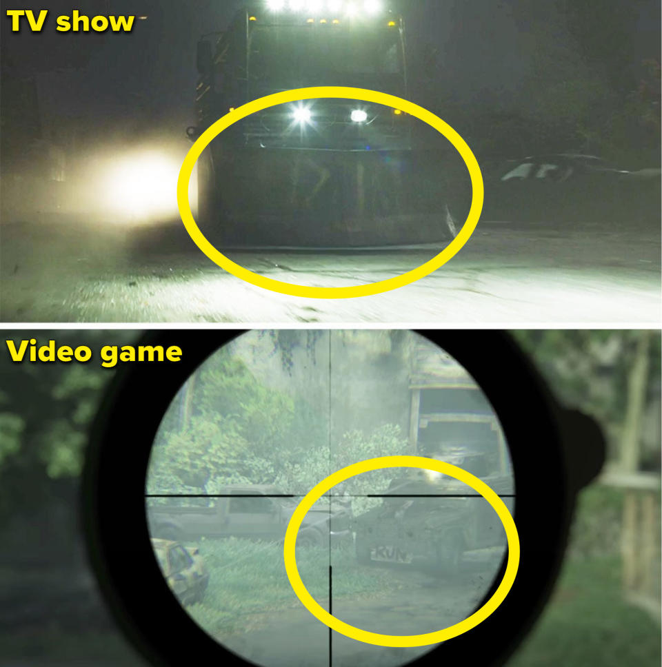 A truck with a sign reading "Run" in the show vs game