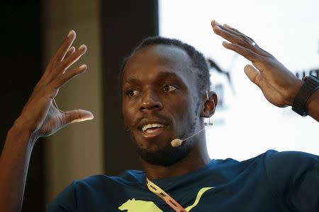 Jamaican sprinter Usain Bolt attends a news conference ahead of the IAAF (International Association of Athletics Federations) World Championships, in Beijing, China, August 20, 2015. REUTERS/Kim Kyung-Hoon