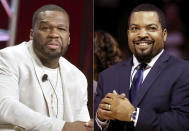 FILE - This combination of 2019 and 2017 photos shows Curtis "50 Cent" Jackson in Beverly Hills, Calif., left, and BIG3 League founder Ice Cube in New York. On Friday, Oct. 23, 2020, The Associated Press reported on a manipulated image circulating online incorrectly depicting them wearing hats that show support for President Donald Trump. The photo was altered to add a “Trump 2020” message to the hats. In the original photo, both rappers are wearing baseball caps with sports logos. (AP Photo)