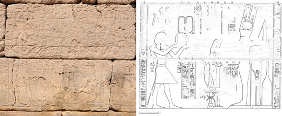 This ritual offering is depicted at the axially corresponding scene on the eastern exterior wall and shows the Emperor Claudius, at left, making an offering of lettuce to the god Min, shown at right. In between them is the god Horus shown as a