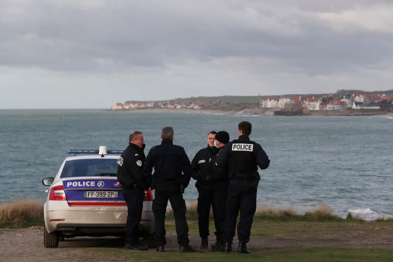 French police patrol the beach in Wimereux after migrant tragedy