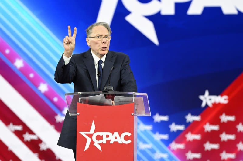 Then-NRA CEO Wayne LaPierre -- found liable on Friday in a civil corruption suit -- speaks at the 2022 Conservative Political Action Conference (CPAC) in Florida, February 2022. The 2024 CPAC runs until Saturday in Washington, D.C. File Photo by Joe Marino/UPI