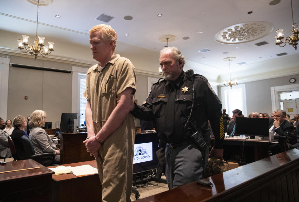 Alex Murdaugh sentenced to life in prison after conviction in double murder trial during his sentencing at the Colleton County Courthouse in Walterboro, S.C., on Friday, March 3, 2023 after he was found guilty on all four counts. (Andrew J. Whitaker/The Post And Courier via AP, Pool)