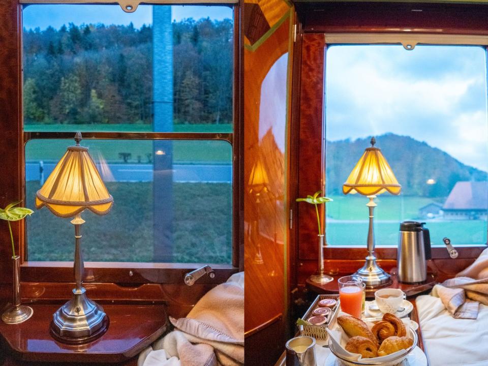 Two views out train windows inside wood-walled cabins with gold lamps