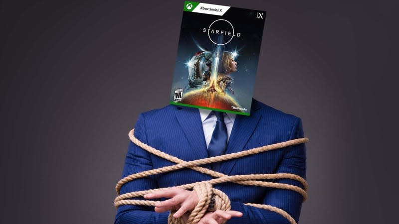 An image shows a man tied up with his head replaced with a video game cover. 