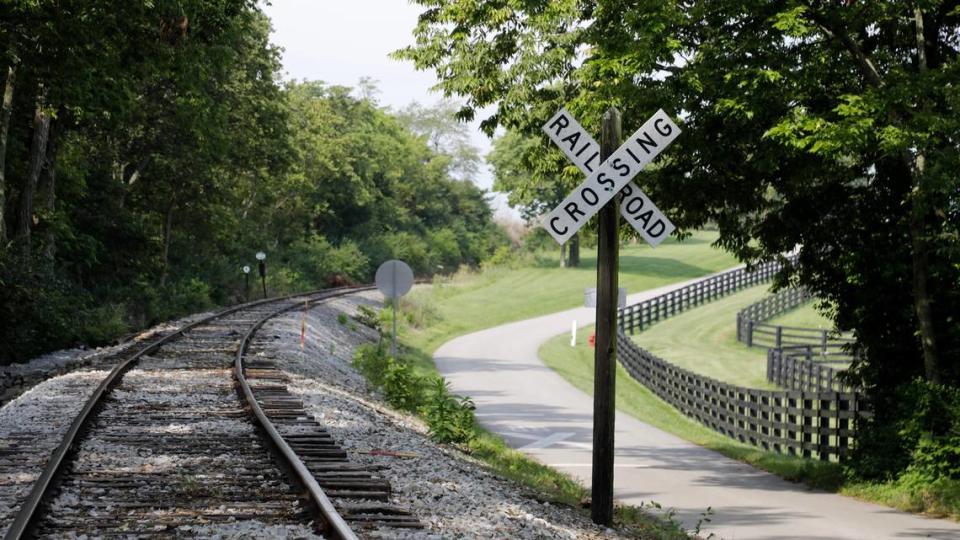 A “railroad crossing” marks the tracks on Friday, Aug. 4, 2023 at the Bluegrass Scenic Railroad and Museum in Versailles, Ky. Olivia Anderson/oanderson@herald-leader.com