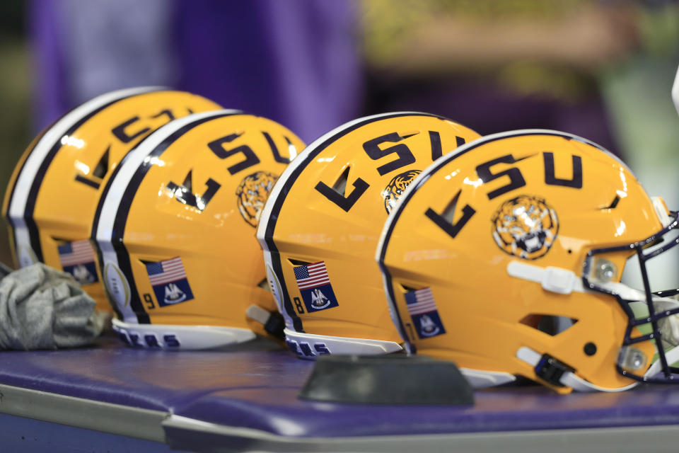 ATLANTA, GA - DECEMBER 28: LSU helmets on the bench prior to the Peach Bowl game between the LSU Tigers and the Oklahoma Sooners on December 28, 2019 at the Mercedes-Benz Stadium in Atlanta, Georgia.  (Photo by David J. Griffin/Icon Sportswire via Getty Images)