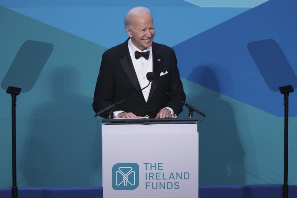 US President Joe Biden speaks at the Ireland Funds 30th National Gala at the National Building Museum in Washington DC during Taoiseach Micheal Martin’s visit (Oliver Contreras/PA) (PA Wire)