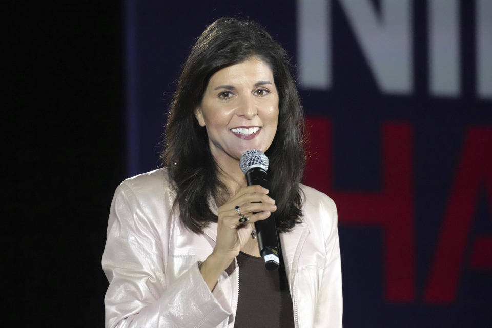 Former South Carolina Gov. Nikki Haley, a candidate for the 2024 Republican presidential nomination, speaks during a campaign rally on Monday, March 13, 2023, in Myrtle Beach, S.C. (AP Photo/Meg Kinnard)