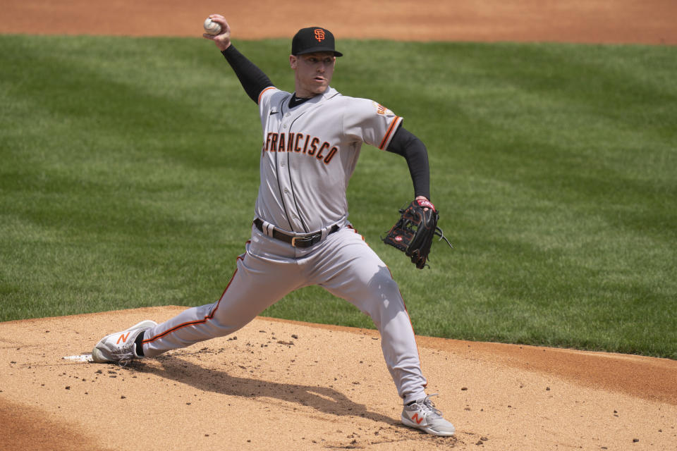 San Francisco Giants starting pitcher Anthony DeSclafani throws a pitch during the first inning of a baseball game against the Philadelphia Phillies, Wednesday, April 21, 2021, in Philadelphia. (AP Photo/Chris Szagola)