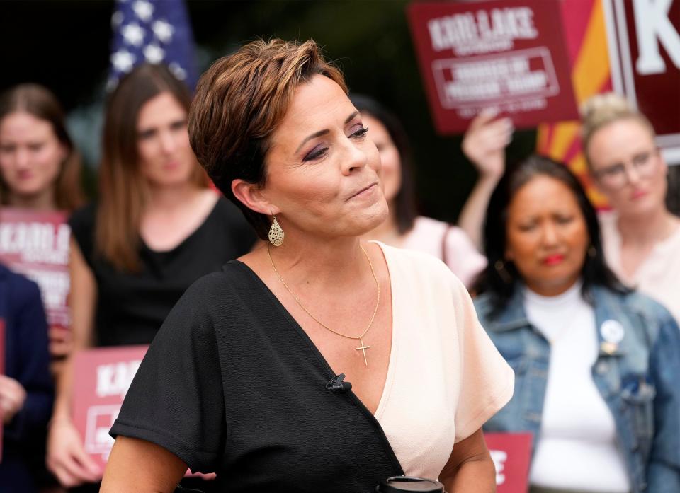 Kari Lake, Republican candidate for governor of Arizona, holds a news conference at her campaign headquarters in Phoenix, Ariz. on Aug. 3, 2022.