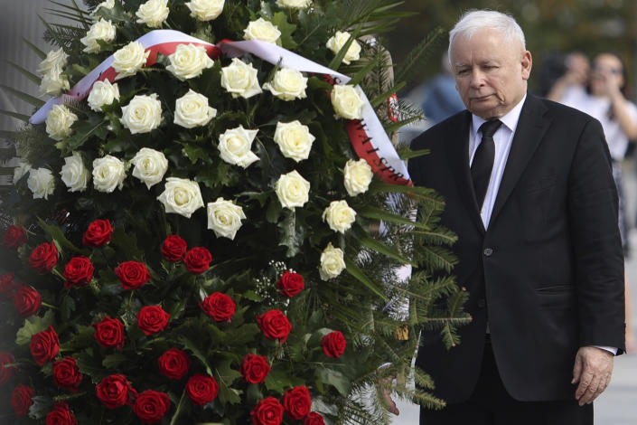 Poland's main ruling party leader Jaroslaw Kaczynski attends a wreath laying ceremony marking national observances of the anniversary of World War II in Warsaw, Poland, Sept. 1, 2022. World War II began on Sept. 1, 1939, with Nazi Germany's bombing and invading Poland, for more than five years of brutal occupation. (AP Photo/Michal Dyjuk)