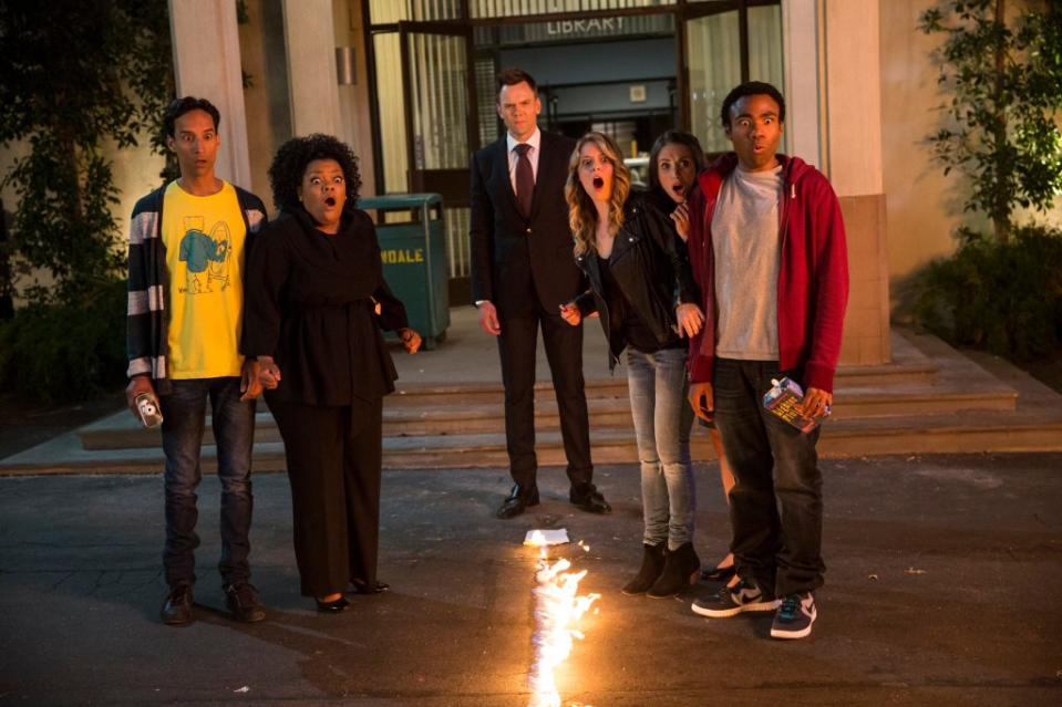 Danny Pudi as Abed, Yvette Nicole Brown as Shirley, Joel McHale as Jeff Winger, Gillian Jacobs as Britta, Alison Brie as Annie and Donald Glover as Troy in “Community.” Justin Lubin/NBC