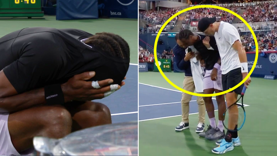 Gael Monfils (pictured left) in pain after hurting his ankle and (pictured right) Jack Draper helping Monfils walk.