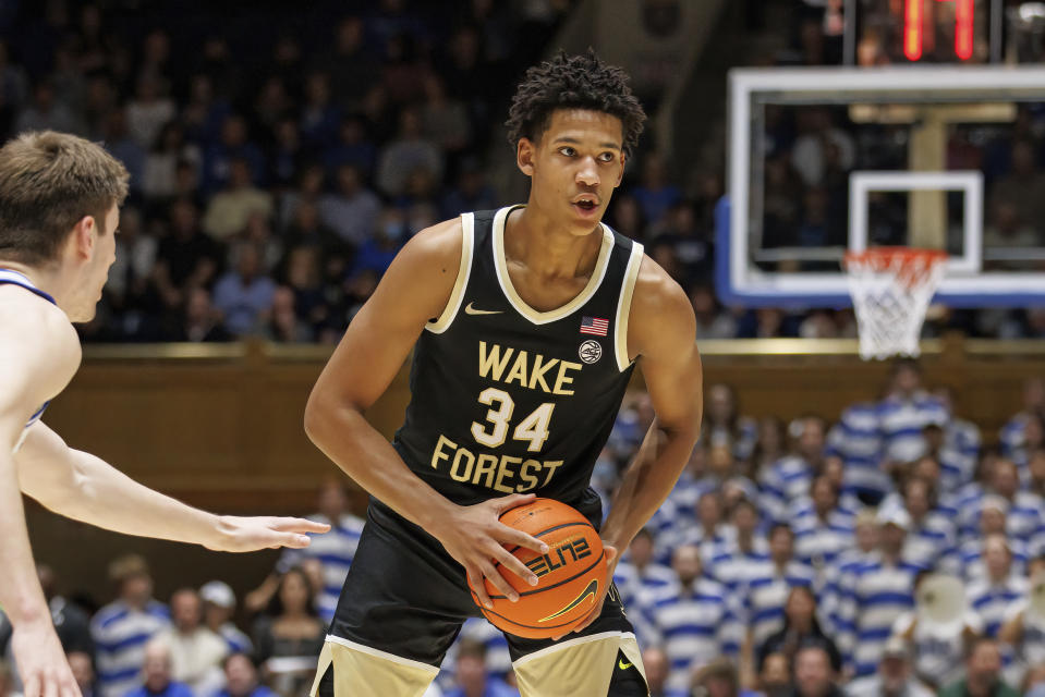 FILE - Wake Forest's Bobi Klintman (34) handles the ball during an NCAA college basketball game in Durham, N.C., on Jan. 31, 2023. (AP Photo/Ben McKeown, File)