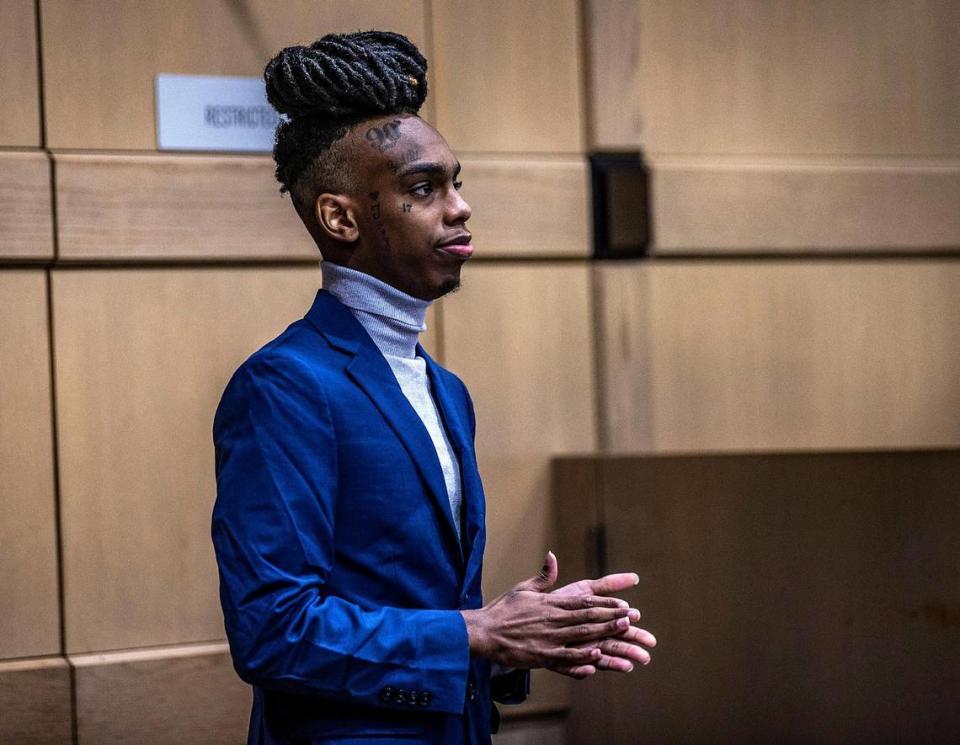 Florida rapper Jamell Maurice Demons known as YNW Melly, who is accused of killing 2 friends in October of 2018, is seen during a jury selection hearing presided by Judge John J. Murphy III, at the the Broward County Circuit Court in Fort Lauderdale, on Wednesday April 12, 2023.