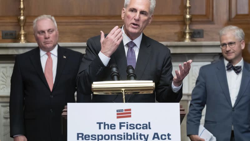 House Speaker Kevin McCarthy of R-Calif., speaks as House Minority Whip Rep. Steve Scalise, R.La., left, and Rep. Patrick McHenry, R-N.C., listen at a news conference after the House passed the debt ceiling bill at the Capitol in Washington on May 31, 2023.