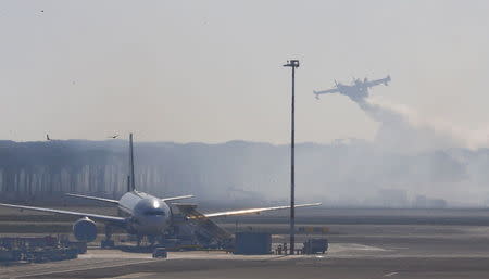 A Canadair firefighting aircraft from Italy drops water over a forest near Fiumicino International airport in Rome, Italy, July 29, 2015. REUTERS/Tony Gentile