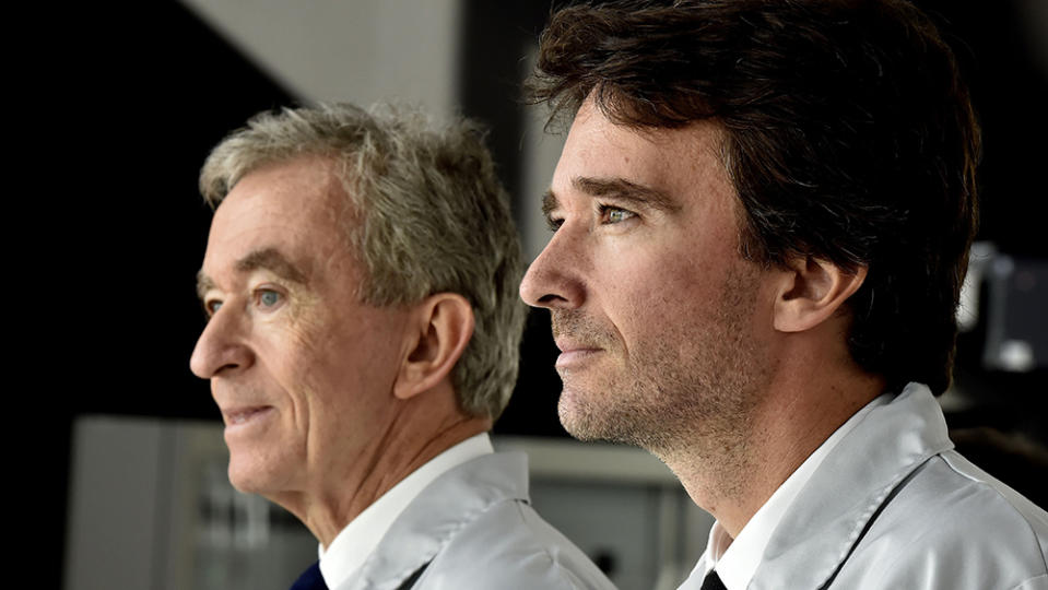 World's biggest luxury goods company LVMH's CEO Bernard Arnault (L) and his son Antoine visit the world leader for the production of Cognac Hennessy's new bottling plant on October 18, 2017 in Salles-d'Angles. / AFP PHOTO / GEORGES GOBET        (Photo credit should read GEORGES GOBET/AFP via Getty Images)