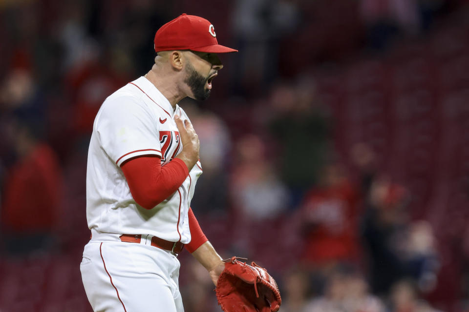 Cincinnati Reds' Art Warren yells after the final out of the team's baseball game against the San Francisco Giants in Cincinnati, Saturday, May 28, 2022. The Reds won 5-1. (AP Photo/Aaron Doster)