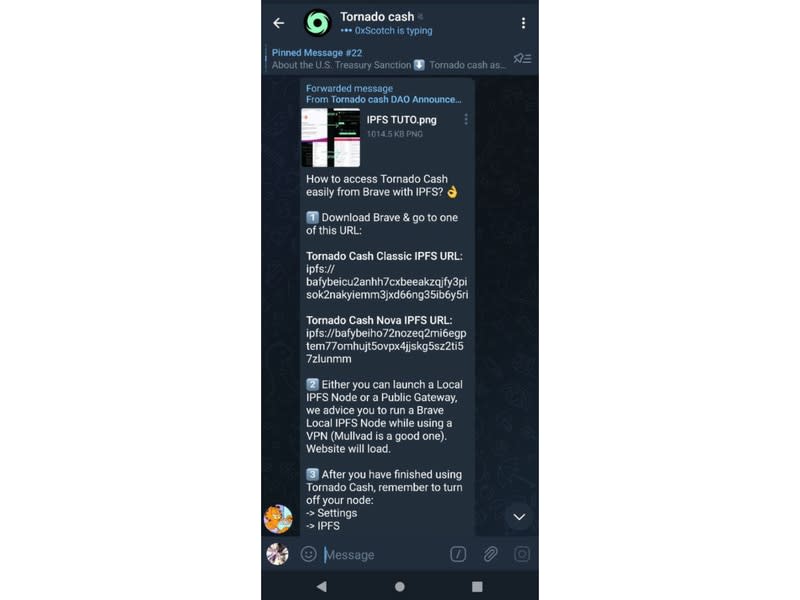 (Tornado Cash Telegram channel)