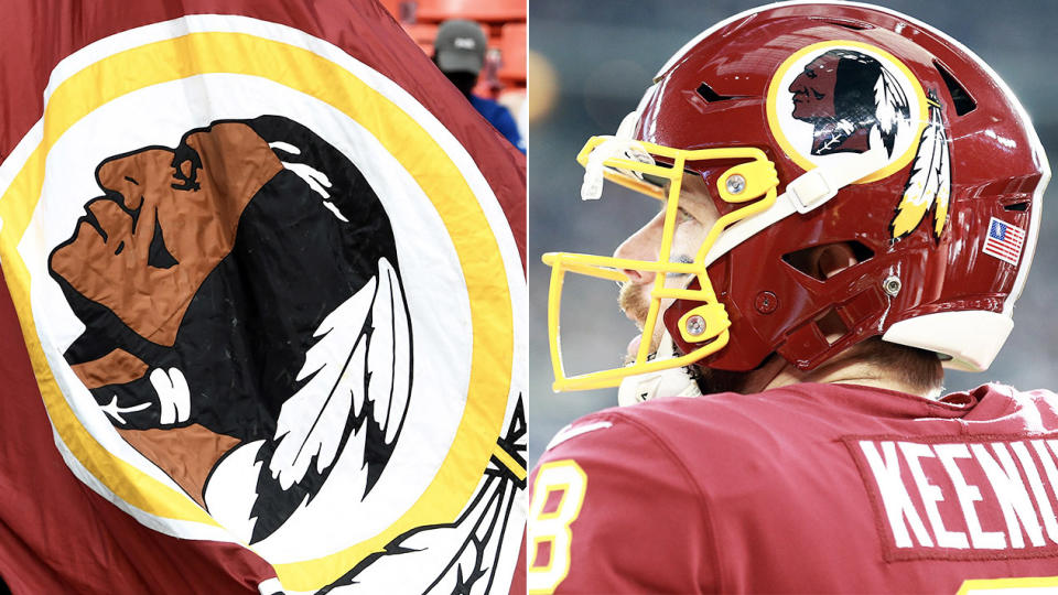 Sponsors FedEx have asked the Washington Redskins logo (pictured left and pictured on the helmet of Case Keenum) to be changed. (Getty Images)