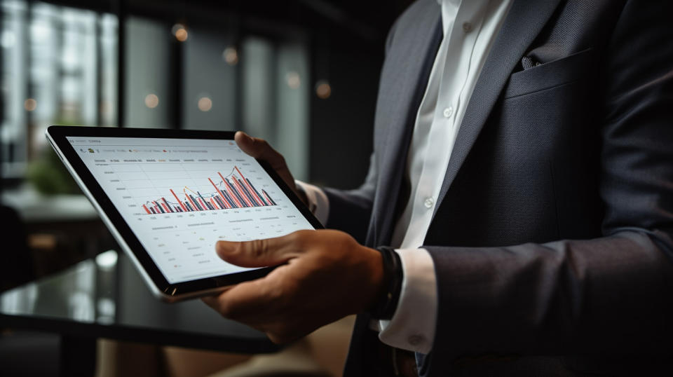 A finance executive tapping away on a digital tablet, demonstrating the company's digital innovation.