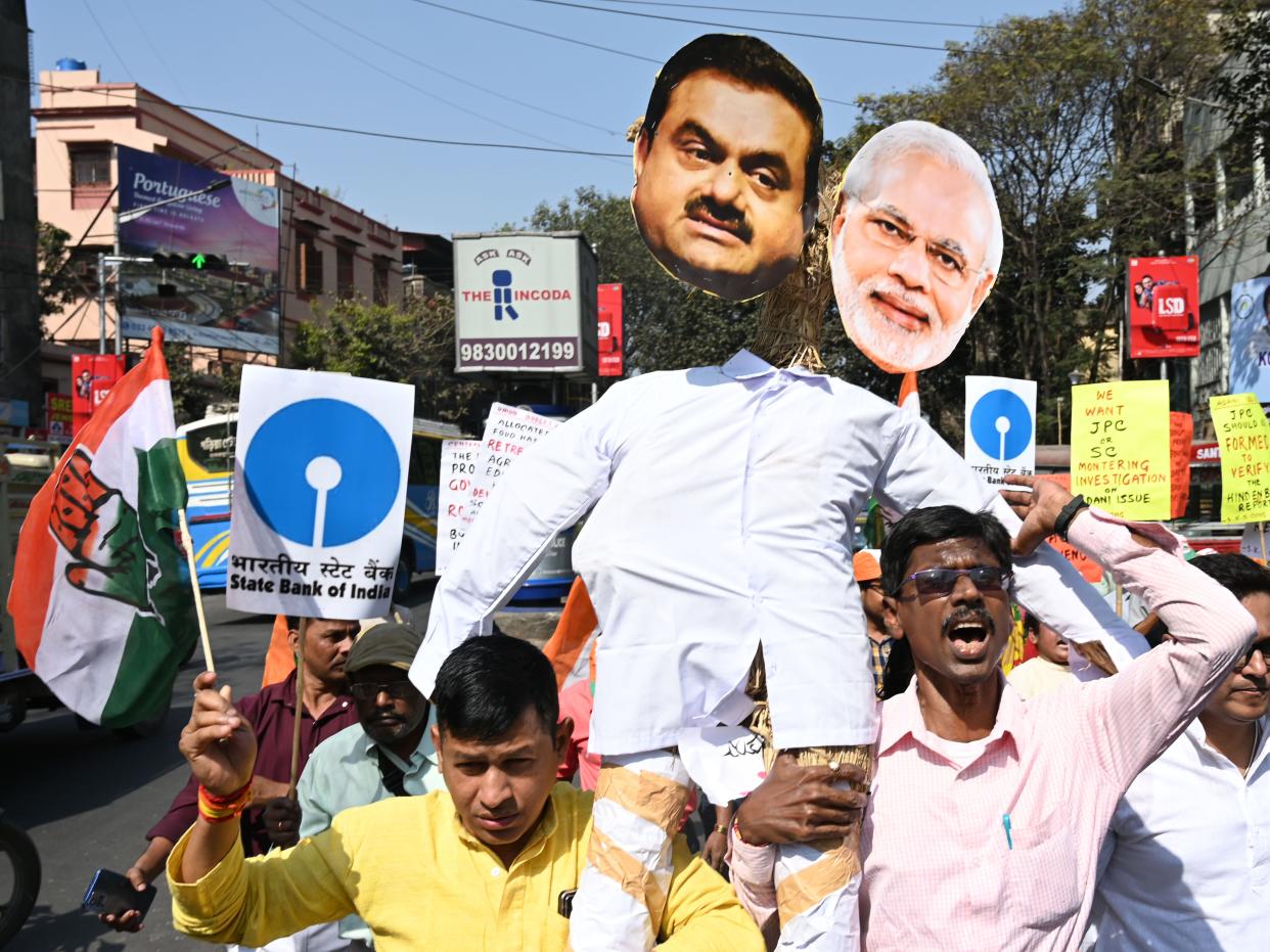 Members of Congress party demand an investigation into allegation of fraud by Adani group according to Hindenberg investigation, alleged investment by LIC and SBI in Adani Group and protest against Narendra Modi government over the issue on February 6, 2023 in Kolkata, India.