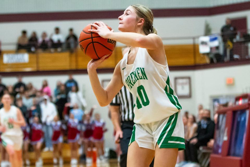 Bremen's Kila Foster (10) lines up a shot during the Bremen vs. Hanover Central girls regional championship game Saturday, Feb. 10, 2024 at Jimtown High School in Elkhart.
